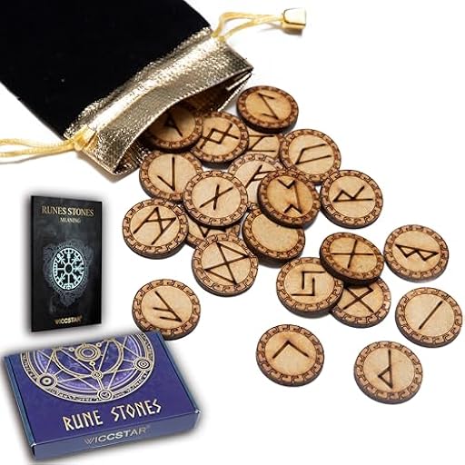 Juego de piedras rúnicas WICCSTAR. 25 piezas grabadas en madera con 5 diseños diferentes y folleto con el significado de las runas | Ya disponible en tu tienda friki favorita! En mundofriki.es!