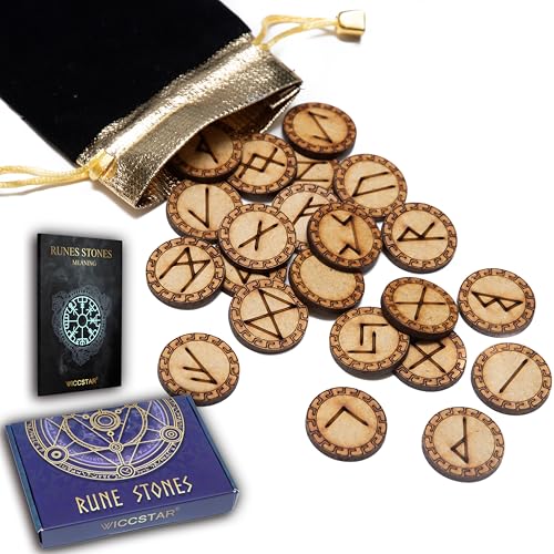 Juego de piedras rúnicas WICCSTAR. 25 piezas grabadas en madera