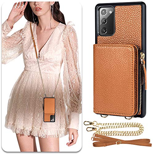 LAMEEKU Crossbody Zipper Case Wallet for Samsung Galaxy Note 20, Samsung Note 20 Card Holder Phone Case with Wrist Strap for Women, Shockproof Leather Purse Cover for Samsung Note 20, 6.7- Brown