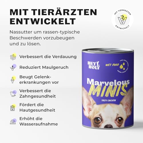 HEY HOLY Premium Nassfutter für Minis | 6X 400g Hundefutter für ausgewachsene Minis mit Huhn | Hochverträglich aus natürlichen Zutaten