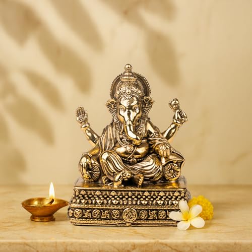 Image of Artarium Brass Chawki Ganesha Statue Car Dashboard (Height 4 inch), Small Ganpati ji Murti for Car Accessories, Home Decor, Office Gifting and Pooja Room (Golden Finish)