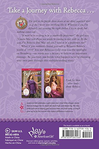 Back cover of The Glow of the Spotlight book, with a description of the choose-your-own-adventure format and images of other American Girl books.