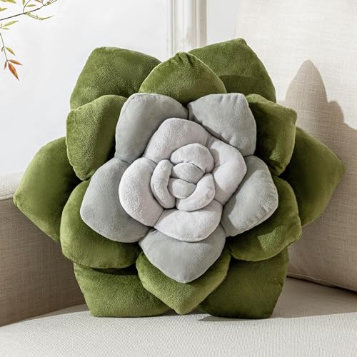 Gerlisay 3D Plant Pillow 17.7 Cute Flower Throw Pillow Grey Green Plant Shaped Decor Soft Unique Plush Decorative Pillow Throw Cushions for Bedroom Home Decorations