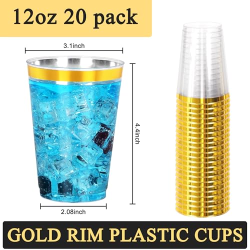Image of 20 Pcs Gold Plastic Cups,12oz Gold Rimmed Plastic Cups,Heavy Duty Disposable Plastiic Wine Glasses Cocktail Glasses Premium Cup with Gold Rim for Party,Wedding,Christmas