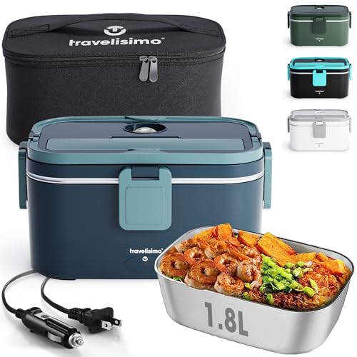 TRAVELISIMO Electric Lunch Box for Adults, 80W Heated Lunch Box 1.8L Stainless Steel Heated Lunchbox For Adults, 12/24/110V Self Heating Lunch Box for Car Truck Work, Loncheras para Hombres de Trabajo