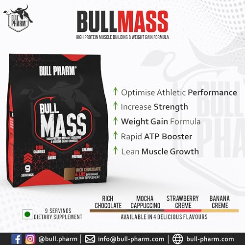 Image of Bull Mass Muscle Gainer Protein Powder (9 Servings) | Increased Athletic performance | Strength | Weight Gain | Lean Muscle | FSSAI Approved (Rich Chocolate, 6 Lbs)