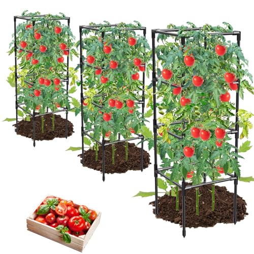 MQHUAYU 3 Pack Tomato Cages, Square Tomato Plant Stakes Support Cages Trellis for Garden Climbing Vegetables Flowers Fruits,Extra Bold,Black