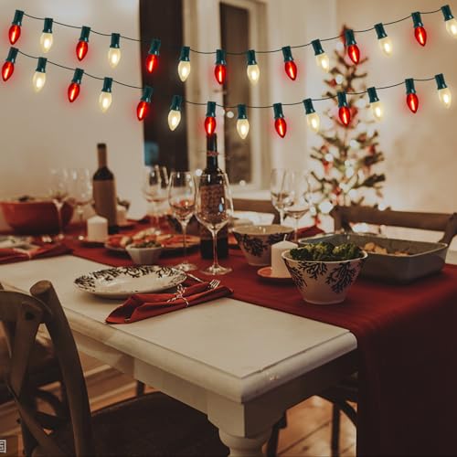 Image of C7 LED Red and Frosted White Christmas Lights 25FT Outdoor Christmas Decorations String Lights with 27 Shatterproof LED Bulbs, Hanging Vintage Christmas Light for Outdoor Garden Wedding Roofline Patio