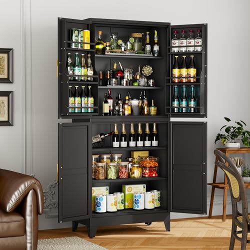 Image of Black Pantry Storage Cabinet, 75 inch Kitchen Pantry with Doors and 3 Adjustable Shelves, Metal Freestanding Buffet Cupboards Sideboard, for Office, Home, Garage, School