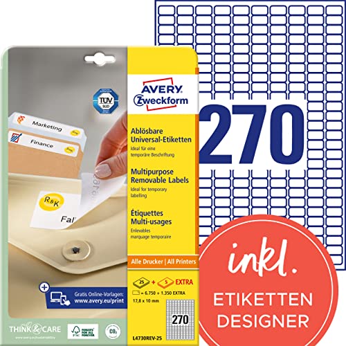 Avery, 6750 Etichette Riposizionabili (25 Fogli X 270), Colore: Bianco