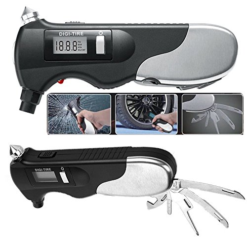 9 en 1 coche martillo de seguridad multifunción digital medidor de presión de neumáticos, linterna LED, cortador de cinturón de seguridad, destornillador Phillips, de emergencia herramienta para auto