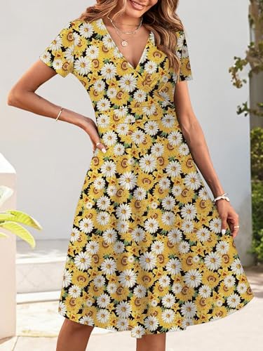 Image of MSBASIC Womens Summer Wrap V Neck Casual Dresses Floral Short Sleeve A-Line Midi Sundress