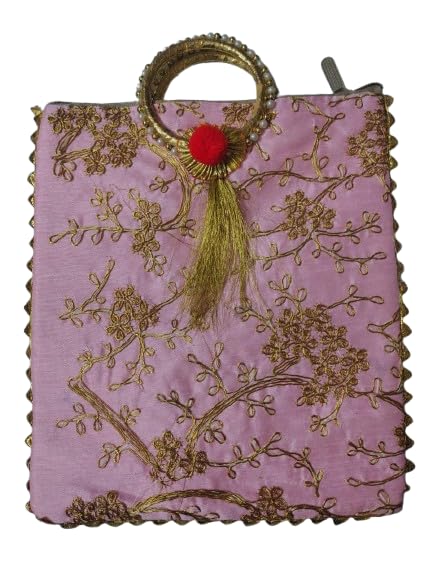Womens Ethnic Potli Bag - Emerald Pink Silk Handbag with Gold Zari Vine Embroidery, Pearl Ring Handle, and Tassel Accent for Weddings, Parties-image-26