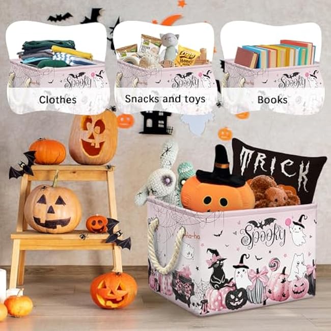 Pink Halloween Basket Cute Pumpkin Ghost Boo Spooky Basket with Handles Foldable Halloween Gifts Storage Bins Organizer for Clothes Toys Books (Pink, 15x10x10 Inch)