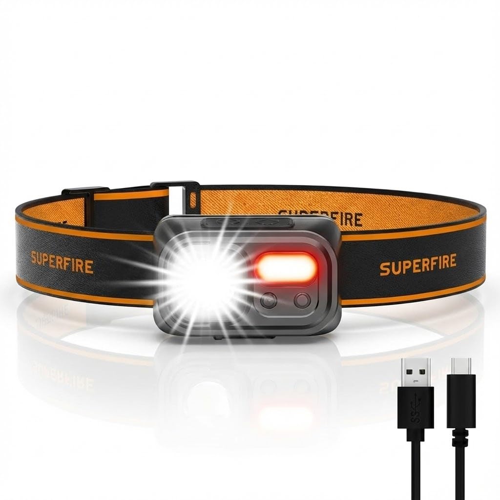 SuperFire Head Torch Reachargeable, 2000 LM, Super Bright Headlamp with 6 Light Modes (Red Modes),Ultra-Light for Adults & Kids, Waterproof for Running, Camping,Hiking etc