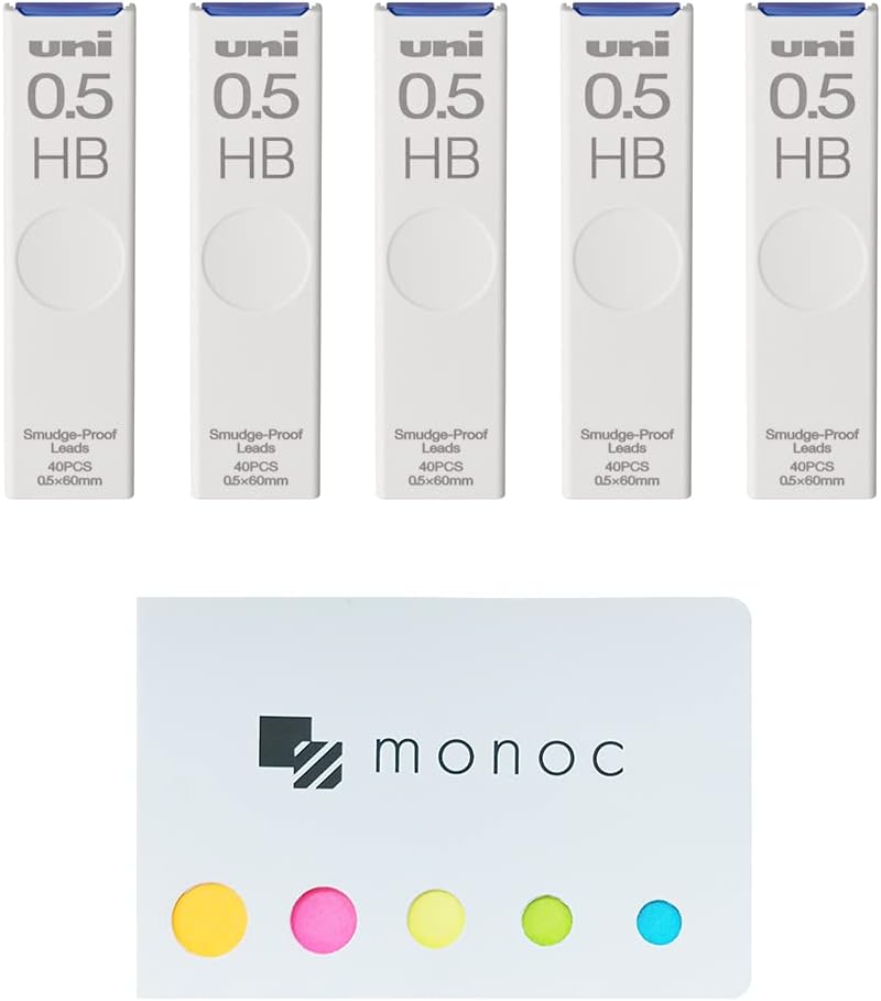 uni monoc Pencil Lead,The Smudge-Proof Leads, 0.5mm HB, 5 Pack & Original Sticky Note(Japan Import)