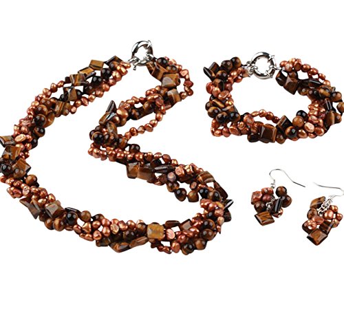 Preisvergleich Produktbild Süßwasserperlen- und Tigerauge-Edelstein-Halskette, Armband und Ohrringe-Schmuckset