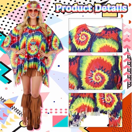 Carreuty 70s Hippie Costumes Women Fancy Dress, Boho 60s 70s Costume Accessories 60s Retro Festival Outfit Fringe Leg Covers Peace Necklace Earrings Sunglasses Hand Rope Retro Disco Fancy Dress - Image 3