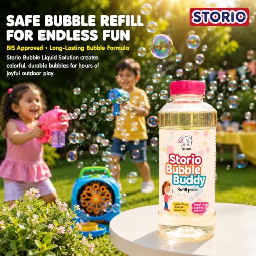 Image of Storio Bubble Liquid Solution Bottle 750ml | Colorful Bubble Refill for Bubble Guns, Camera & Machine Toys | Safe & BIS Approved Bubble Water for Kids 3+ Years