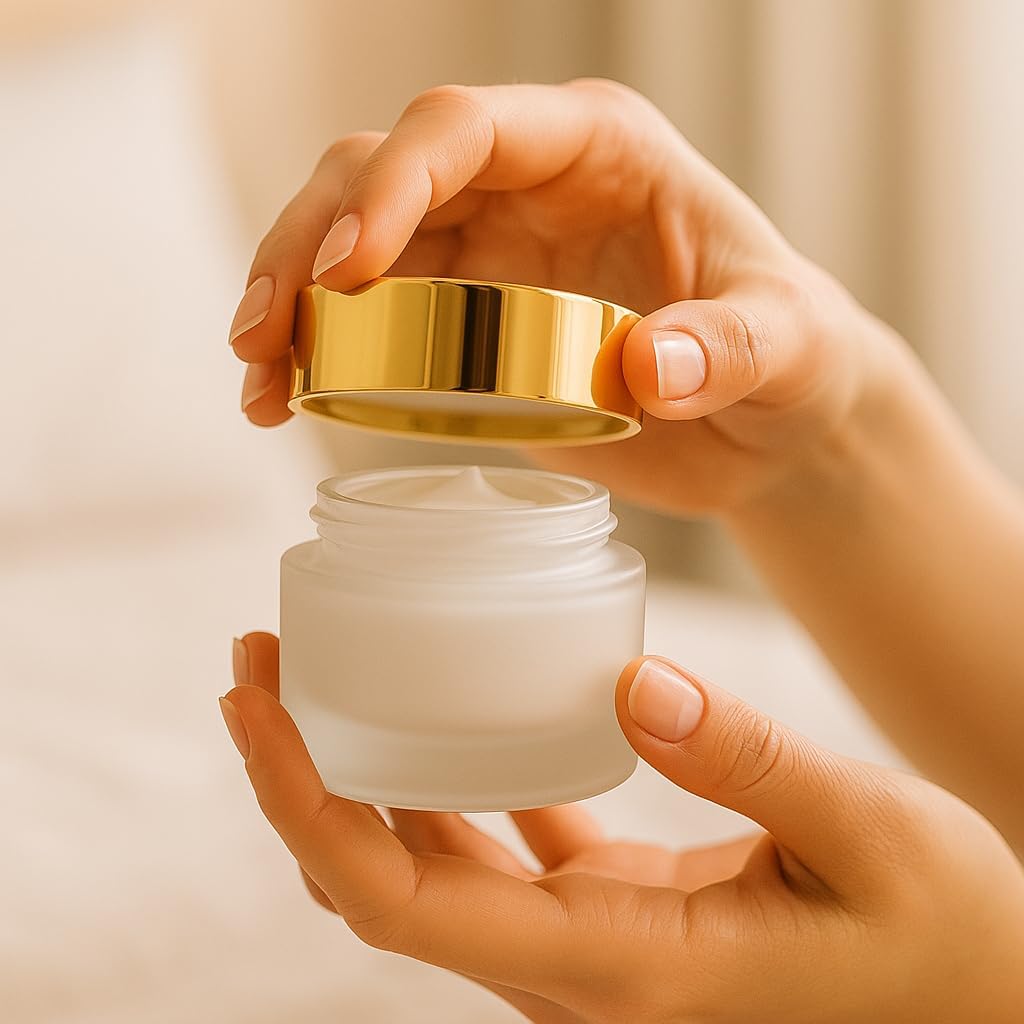 10Packs Frosted Glass Jars with Gold Color Lids 10Gram/10ml Glass Comestic Containers Empty Clear Round Refillable Cosmetic Sample Jars For Makeup Lip Scrub Balm Lotions Sample Eye Creams DIY image 4