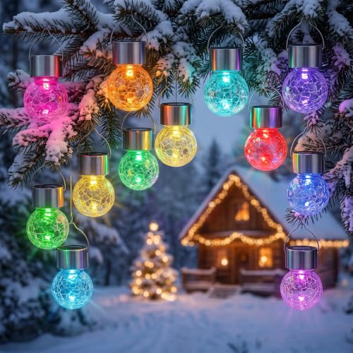 Confezione da 12 luci solari da appendere, colore cangiante, luci a sfera con manico, impermeabili IP65, lampadine solari da giardino, luci decorative per patio, gazebo, cortile, albero, prato