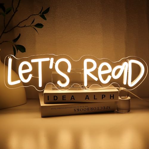 Image of Let's Read Neon Sign for Wall Decor, Reading Led Signs for Library, USB Dimmable Book Neon Lights for Classroom Reading Corner Bedroom Study Room Home Book Club Motivational Wall Art