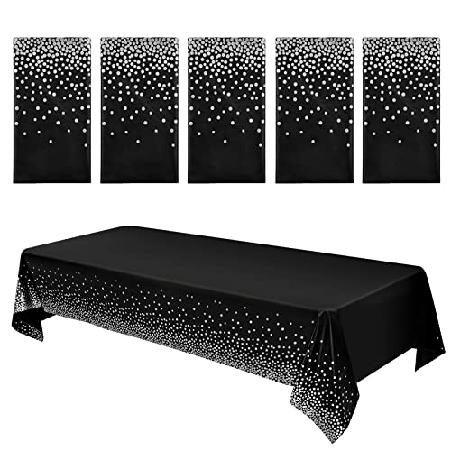 Lot de 5 nappes en Plastique à Pois Noirs et argentés 54' x 108' Nappe pour Tables rectangulaires, nappes jetables en Plastique à Pois confettis pour Anniversaire, fête, Remise des diplômes