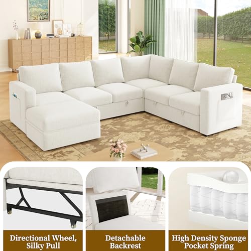 Image of 83.5 inch Sectional Sleeper Sofa with Pull Out Couch, Modern 5 Seat L Shaped Modular Couch, Sectionals Modular Sofa with Storage, Comfy Sectional Couches for Living Room & Apartment,Light Beige