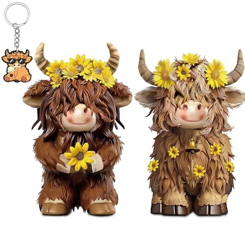 Cute Highland Cow Figurines 2 Pcs, Resin Statues Adorable Farm Animal Collectible Ornaments for Desk Shelf Home Garden Decor (Yellow)