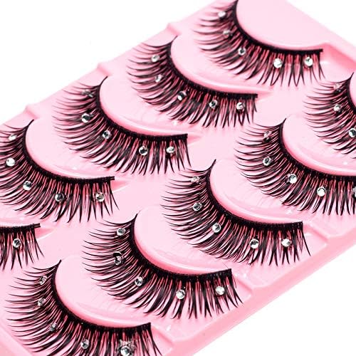 ICYCHEER 5 Pairs Shiny Rhinestone False Eyelashes Thick Long Cross Stage Fake Eyelashes Charming Sexy Ladies Styles Party Stage Dance (817-5D)