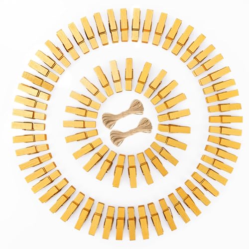 jijAcraft Lot de 100 petites pinces à linge en bois doré de 3,5 cm - Pour photos - Avec ficelle de jute de 20 m - Pour travaux manuels, mariage,...