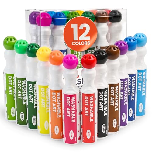 Playkidiz Washable Dot Markers for Toddlers 12 Colors (40ml 1.35oz) Paint Marker Dot Art Set Water Based Non-Toxic Bingo Daubers for Kids