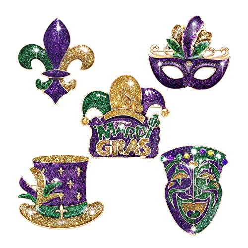 Image of Mardi Gras Brooches for Women 5 Pcs Glitter Mask Fleur-De-Lis Mask Skull Jester Feather Hat MARDI GRAS Crown Brooch Pins Bulk Festival Carnival Parade Party Brooches Accessories Gift for Mardi Gras Holiday Costume Decoration