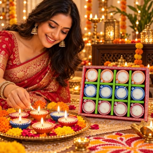 Image of Premium Laxmi Decorative Clay Diya Set of 12 | Handcrafted Colourful Mitti Diyas for Diwali