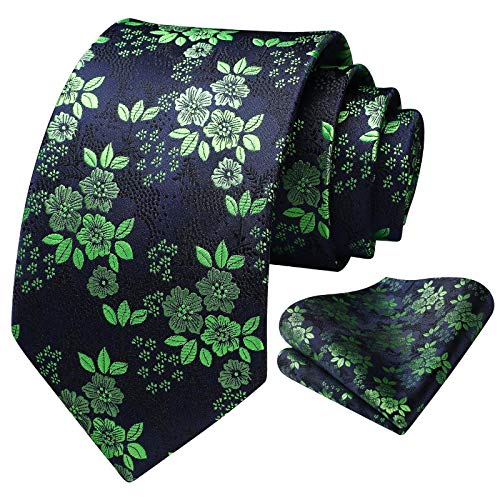 Image of HISDERN Men Floral Ties Woven Classic 3.4 inch Necktie Set Formal Tie Pocket Square for Wedding with Handkerchief Gift Box