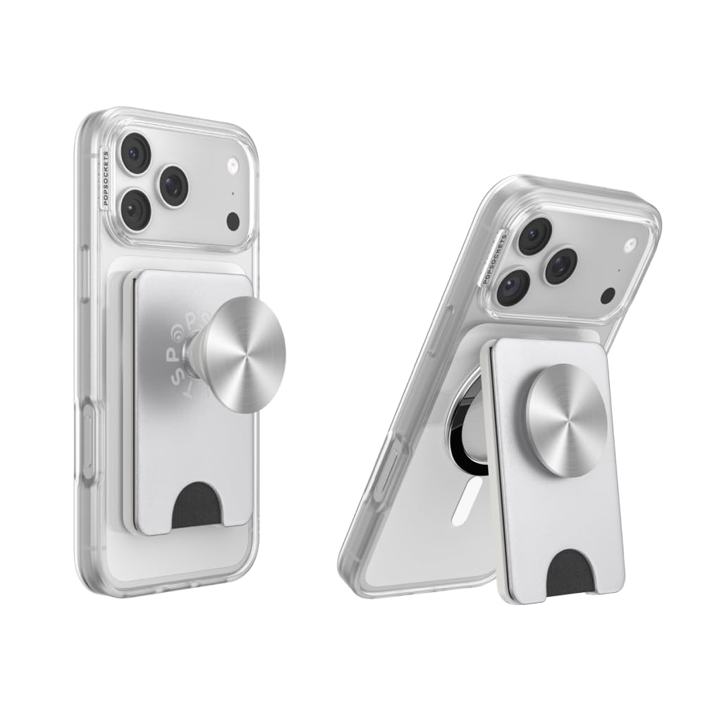 PopSockets Kick-Out Wallet for MagSafe, Kickstand- Silver Radial