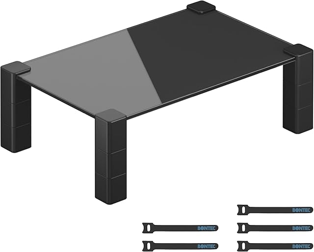 BONTEC Glass Monitor Stand, 3 Height Adjustable Desk Monitor Riser for Laptop, Computer, iMac, Printer with Cable Management, Ergonomic Screen Riser Up to 40kg (W380 x D240mm)