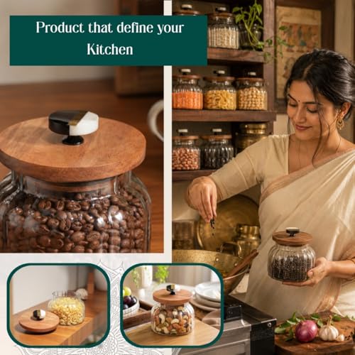 Image of Bubble Glass Jar with Wooden Lid | 980ml | 5x5x5.5 inches | Airtight Stackable Kitchen Storage Container for Grains, Pulses, Cookies, Dry Fruits, Coffee & Snacks