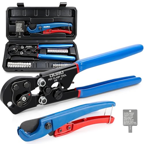 2 IN 1 Ratchet Pex Crimping Tool Cinch and Remove Combo Function Pex Pipe Crimp Tool from 3/8 to 1 Pex Crimper with Pex Cutter and Stainless Steel Pex Clamps 1/2 25PCS 3/4 10PCS in Plastic Box