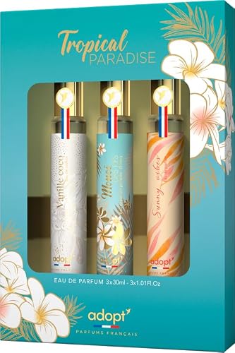 adopt TROPICAL PARADISE Coffret de 3, 3 x 30 ml Eau de Parfums pour femmes | Set cadeau de parfum (3x30ml), à offrir, parfums exotiques, adopt : parfum pour femme
