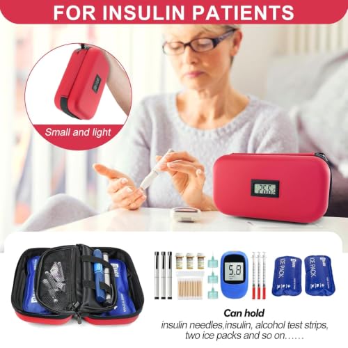 Image of Gosemai TSA Approved Insulin Cooler Case Medication Cooler for with Temperature Display Diabetic Medication Organizer Medical Travel Cooler Bag with 2 Ice Pack (Red.)