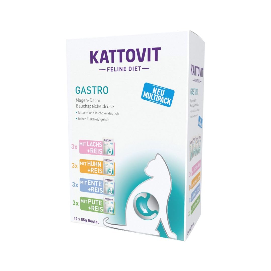 KATTOVIT - Gastro Multipack mokra karma dla kotów | do wspomagania układu żołądkowo-jelitowego | dietetyczna mieszanka paszowa pełnoporcjowa w woreczku dla dorosłych kotów | 5 x 12 x 85 g