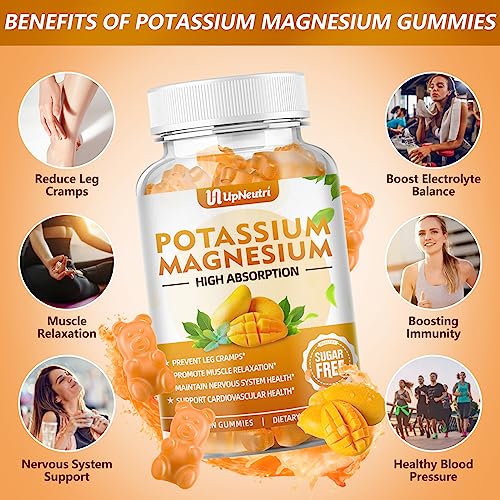 Potassium Magnesium Gummies For Adults And Kids, Sugar-Free Potassium Supplement Gummies For Leg Cramps & Muscle & Immune Health, Non-Gmo Vegan Magnesium Gummies Mango Flavor 60 Count #TOP3