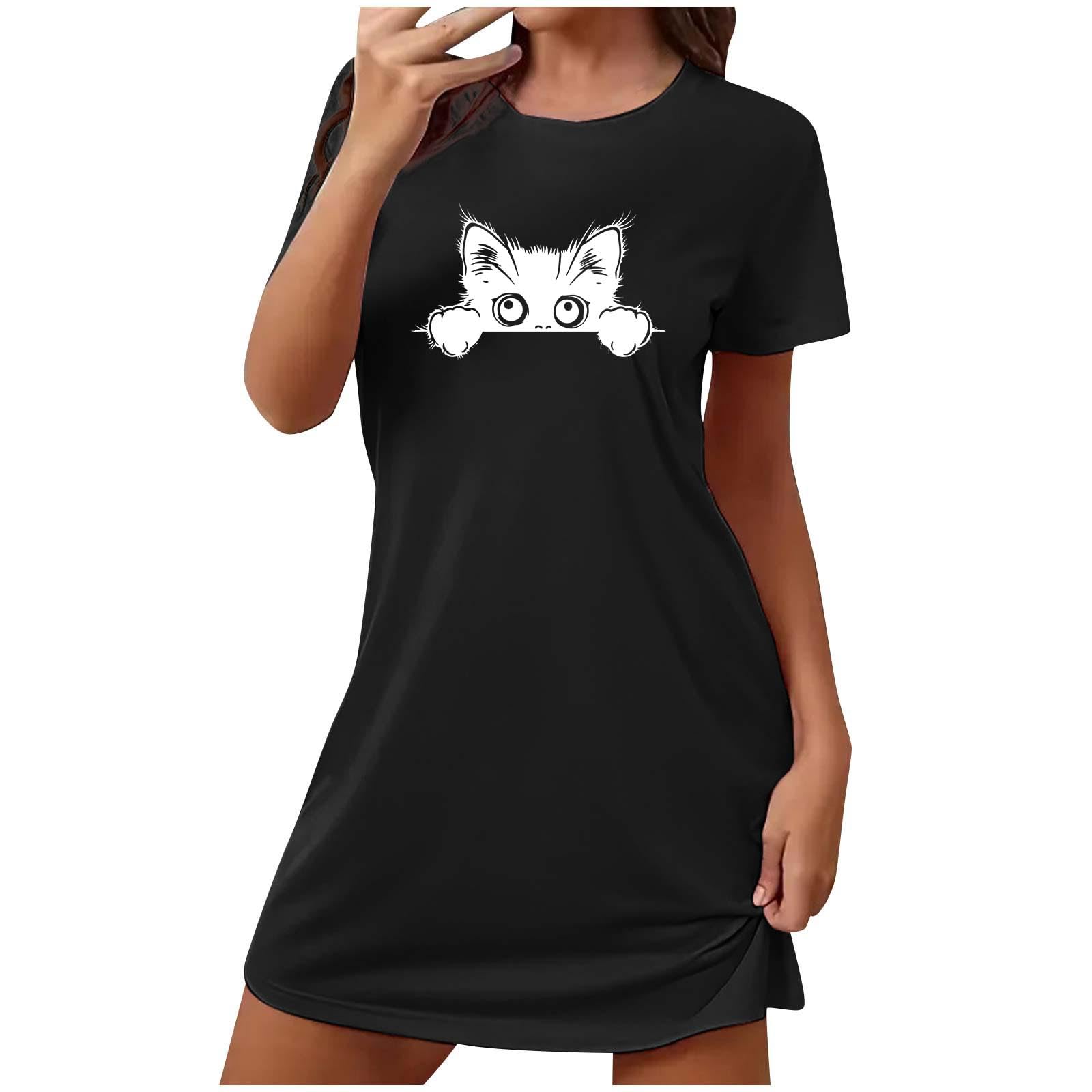 Cute Cat Print Nightgowns for Women Soft Comfy Night Shirts Short Sleeve Night Dress Casual Pajamas Soft Sleepwear