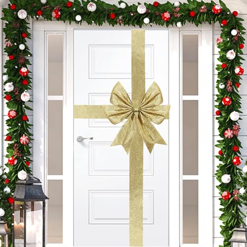 Sursurprise Decoración dorada de Navidad para puerta delantera, lazo de Navidad con purpurina, grande, celebración de boda, envoltura para ventana, chimenea, armario, temporada festiva, hogar, cocina,