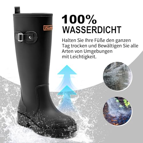 Yenxapei Gummistiefel Damen Lange Stiefel, Original Wasserdicht Hohe Rutschfeste, Sicherheitsstiefel Gummischuhe Bequeme Gartenschuhe Für den Innen- und Außenbereich,Schwarz,37EU