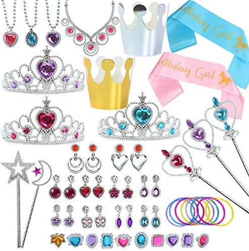 Fedio Princess Jewelry Set 54Pcs Girls Princess Dress up Accessories Party Favors Pack with Crowns, Wand, Jewels, Birthday Sash for Little Girls