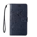 etsue Cartera de piel para Samsung Galaxy Grand Neo Plus i9060 I9082 mariposa patrón Strap de piel sintética funda, carcasa Retro Vintage Flores Mariposa Flip Case Wallet Cover Lanyard protectora piel Teléfono Móvil Estilo Libro Tarjetero y cierre magnético, función soporte funda carcasa para Samsung Galaxy Grand Neo Plus i9060 I9082 + 1 x Conector purpurina + 1 x Azul Lápiz de Golden mariposa, color rosa