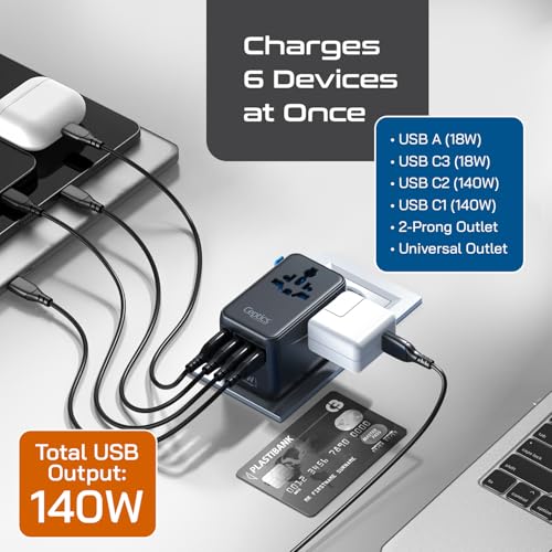 Image of Ceptics 6 in 1 International Power Adapter with PD 140W USB-C, 1x USB-A, 3X Type C, Universal Input and 1x USA /JP Input with Type A, C, G, I Plug outlets for Global Travel - CE & RoHS Certified