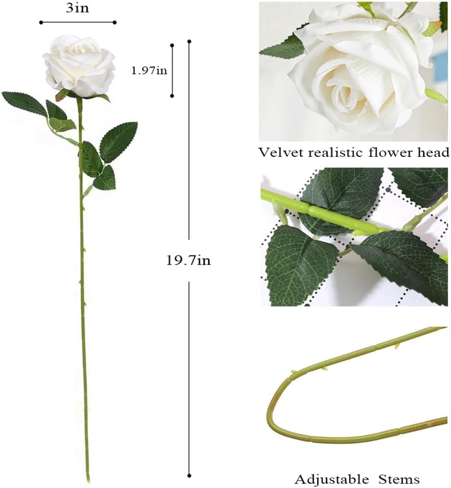 Jasion 50PCS Artificial Roses Realistic Velvet Flowers Long Stem Faux Silk Flower Bouquet for Wedding Home Party Table Centerpieces Decoration (White) - Image 2